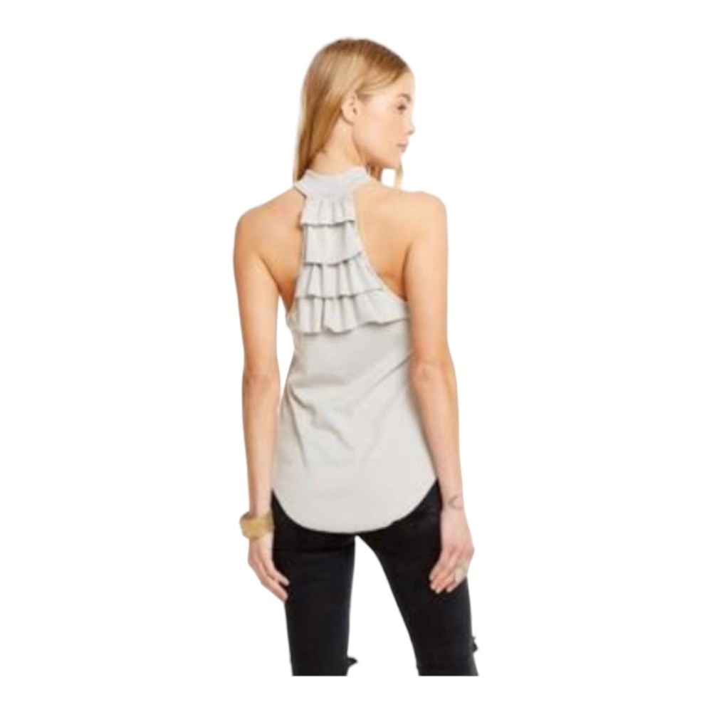 Nwt Chaser Vintage Ribbed Tiered Ruffle Back Mock Neck Tank Top / grey